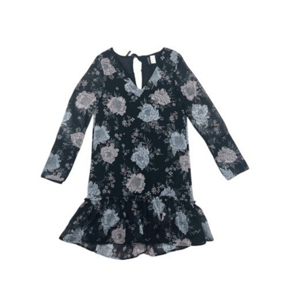 H&M Divided Black Floral 3/4 Sleeve Sheer Shift Dress‎ Ruffle Edge Size 2